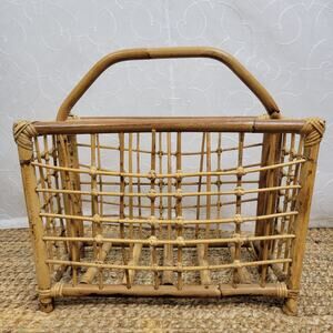 Vintage Bamboo Wicker Tiki Paper Book‎ Magazine Rack Holder Basket